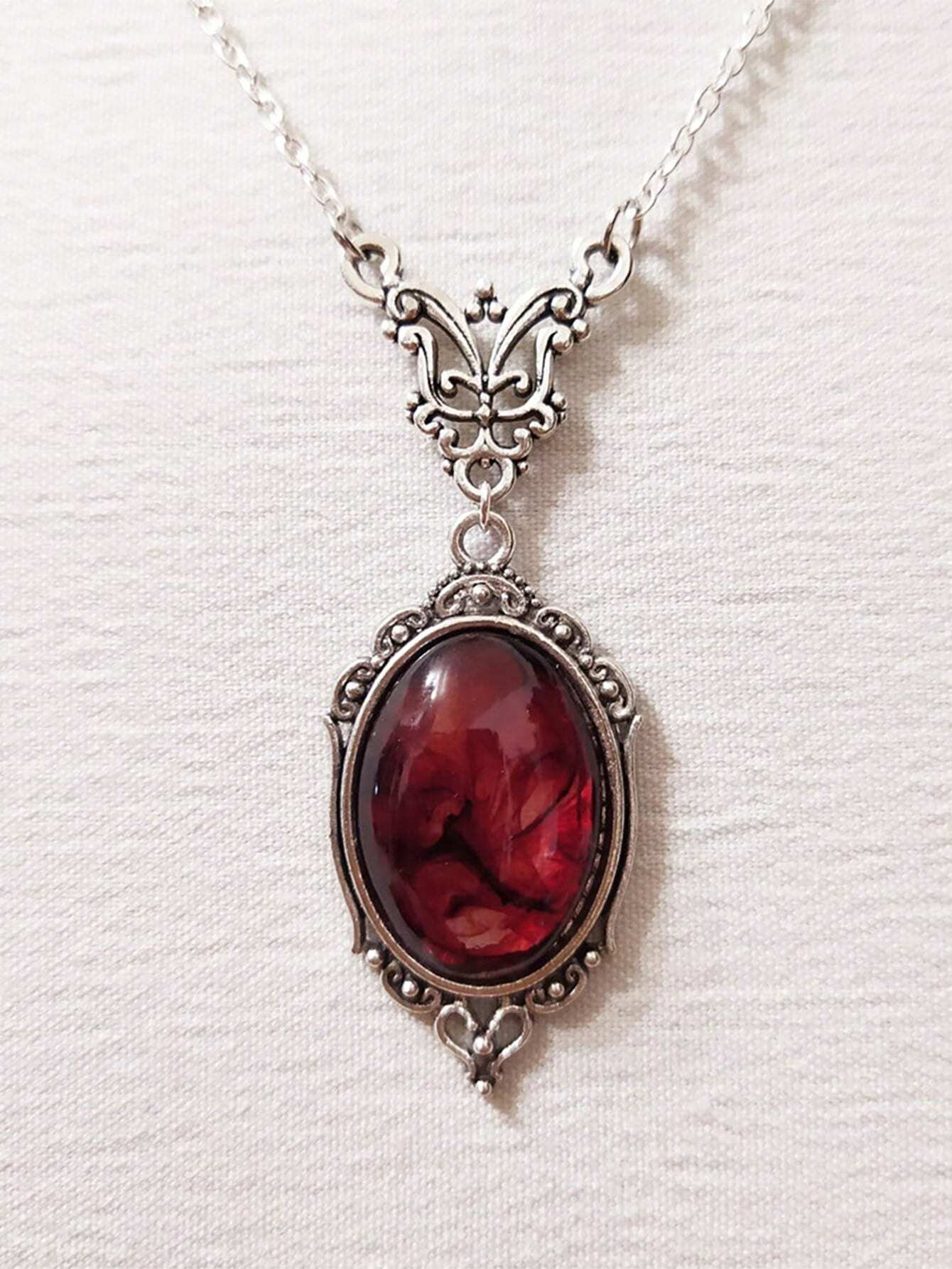1pc Gothic Vintage Red Quartz Crystal Necklace Butterfly Necklace Vampire