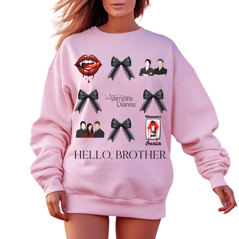 Vampire Diaries Sweatshirt, TVD Sweatshirt, Hello Brother, TVD Gift, Black Bows, Salvatore Brothers, Vampire Diaries Gift, TVD Merch