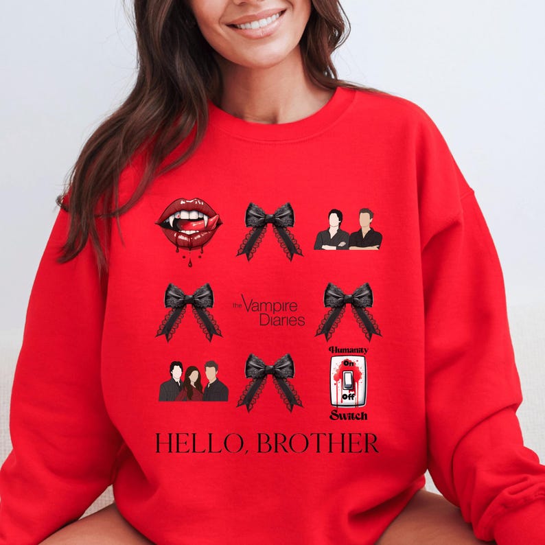 Vampire Diaries Sweatshirt, TVD Sweatshirt, Hello Brother, TVD Gift, Black Bows, Salvatore Brothers, Vampire Diaries Gift, TVD Merch