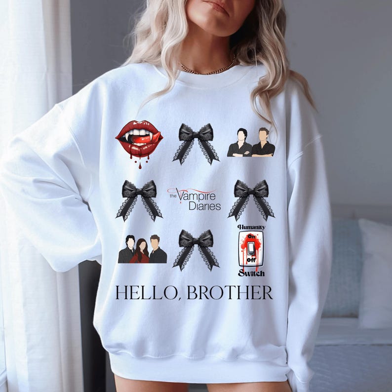 Vampire Diaries Sweatshirt, TVD Sweatshirt, Hello Brother, TVD Gift, Black Bows, Salvatore Brothers, Vampire Diaries Gift, TVD Merch