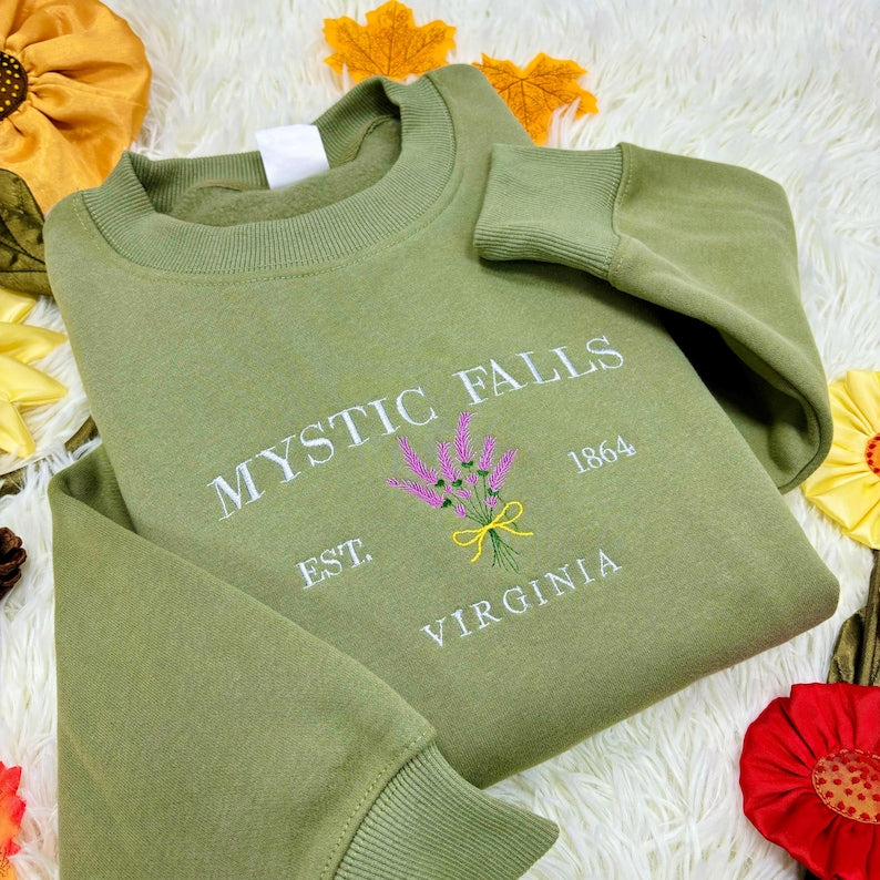 Mystic Falls Embroidered Sweatshirt – For Fans of Vampires and Cozy Fall Days