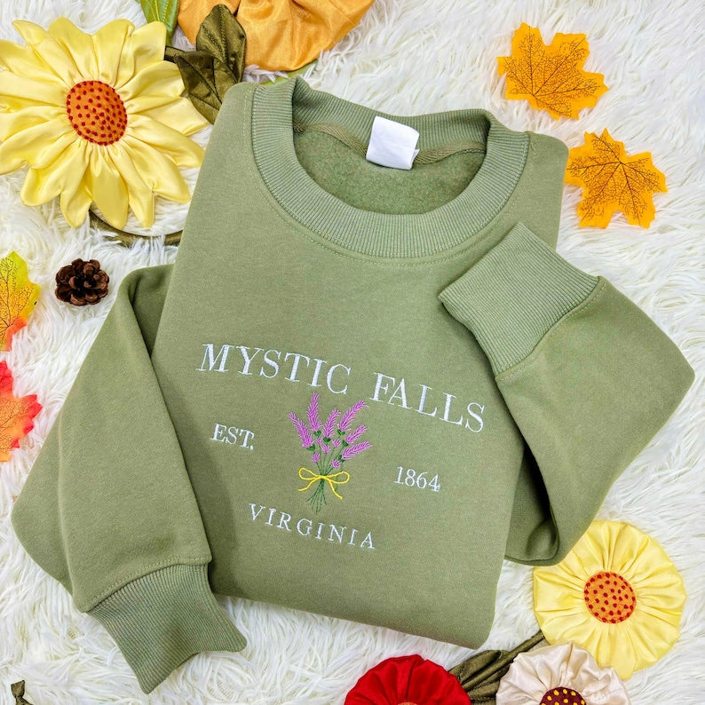 Mystic Falls Embroidered Sweatshirt – For Fans of Vampires and Cozy Fall Days