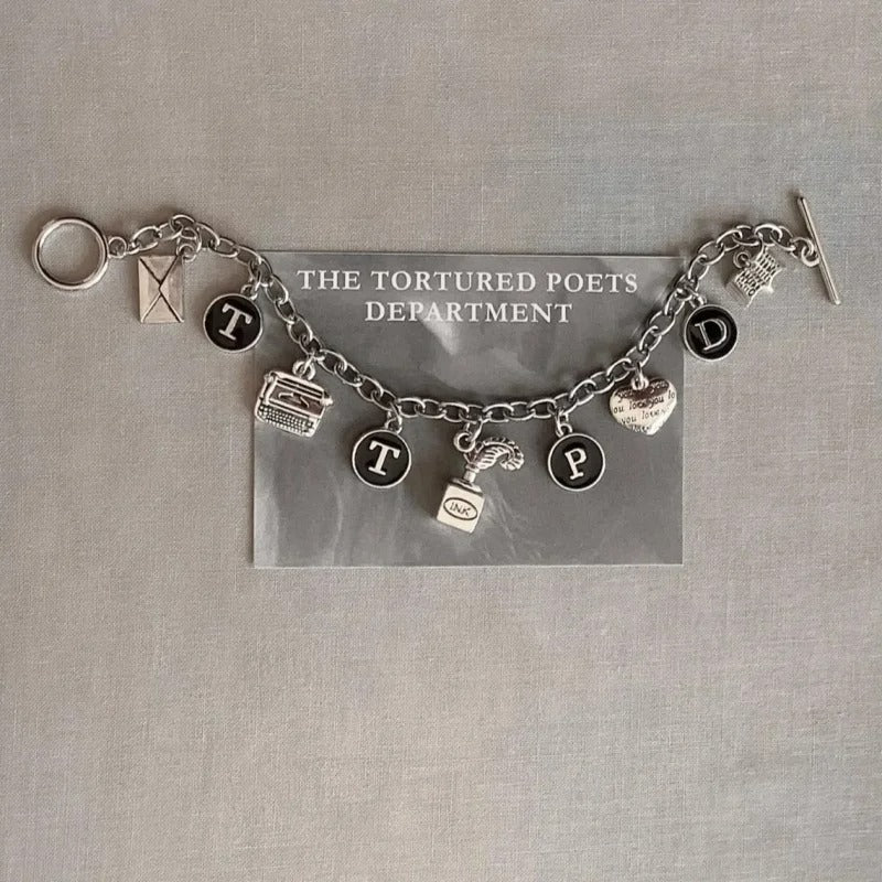 Taylor Swift The Tortured Poets Department Album Inspired Antique Silvery Charm Bracelet