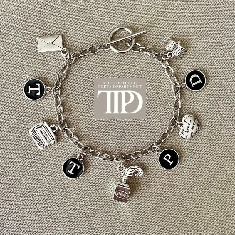 Taylor Swift The Tortured Poets Department Album Inspired Antique Silvery Charm Bracelet